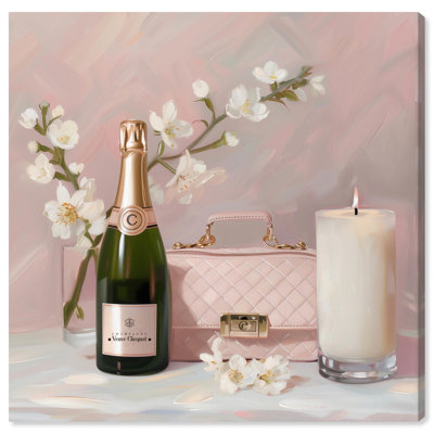 Art Remedy Pink Purse Champagne And Candle Canvas By In Wrapped Canvas,wrapped Canvas