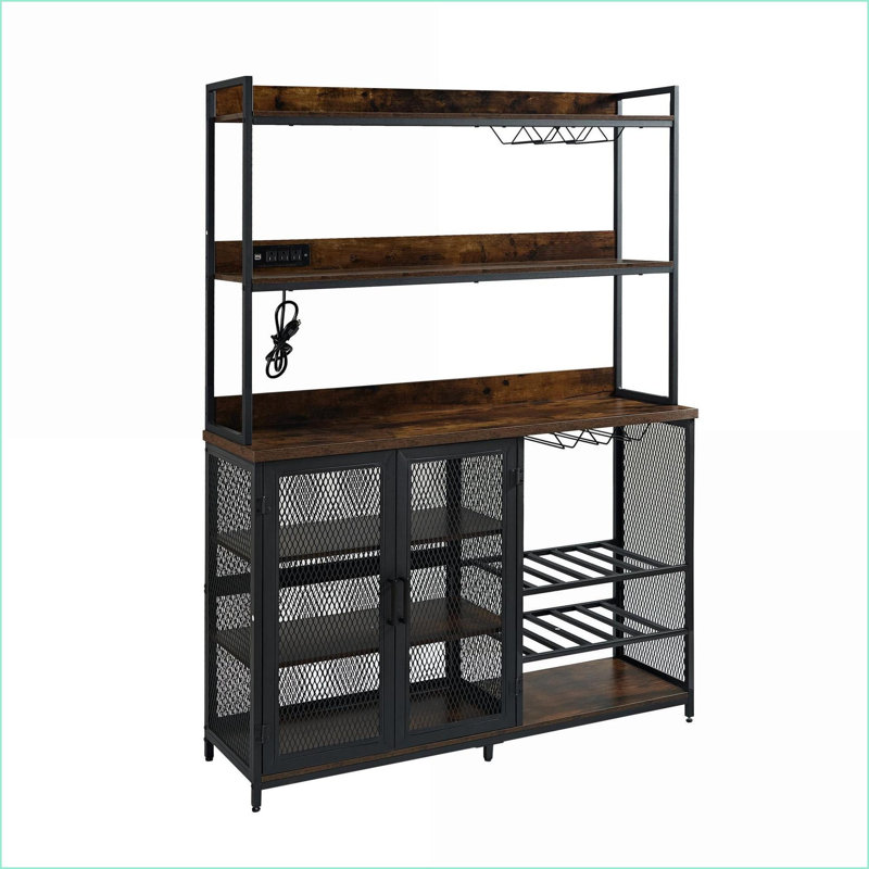 Armoire à café, brun industriel rétro avec prise de courant, bande DEL et amp; Porte-verre | Panneau de particules | Brun