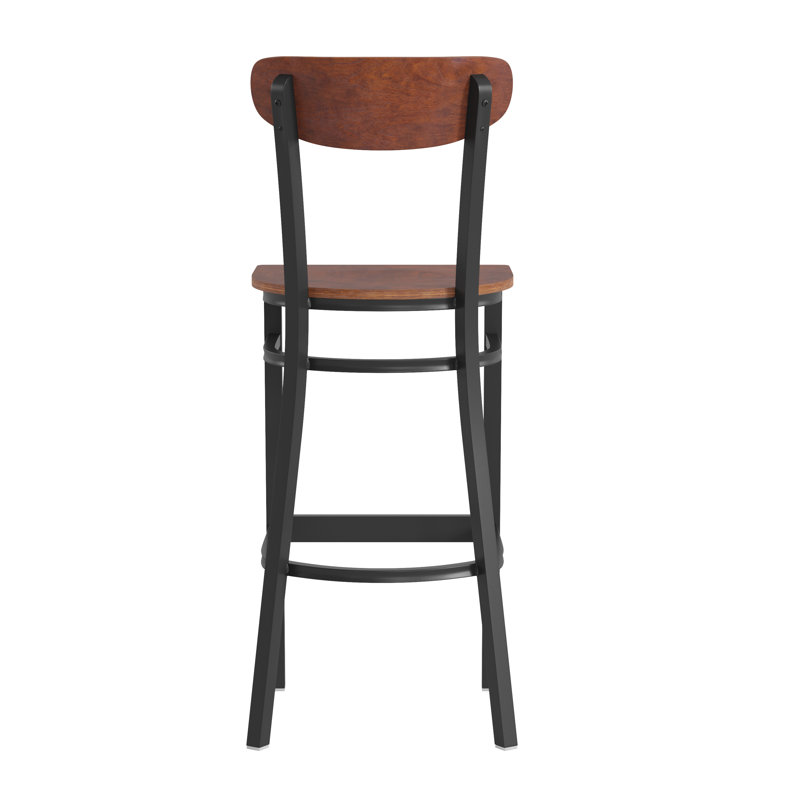 Tabouret de bar commercial en métal avec siège en bois et dossier Boomerang, Noyer