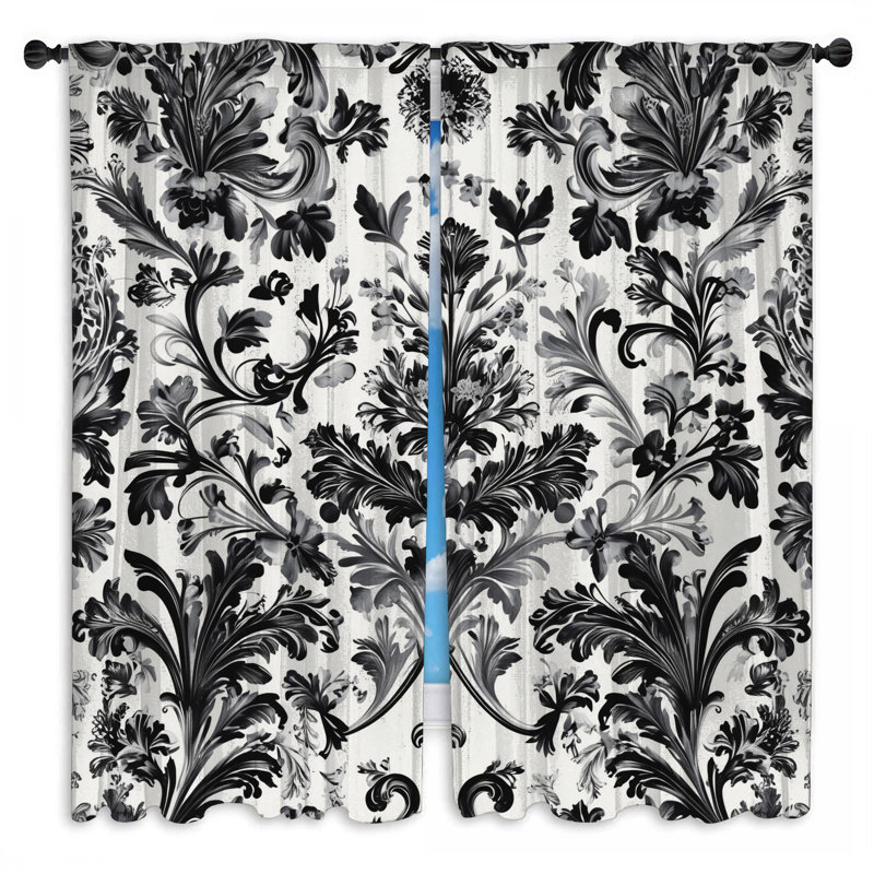 Rideaux noirs et blancs damassés et voilages damassés - 2 panneaux, 40in x 61in - 2 panels, Sheer