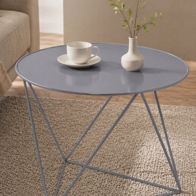 Table de bout ronde en métal avec finition grise