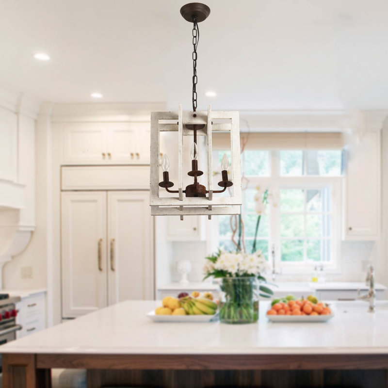 Lustre géométrique à 4 lumières avec accents en bois Albern, Blanc