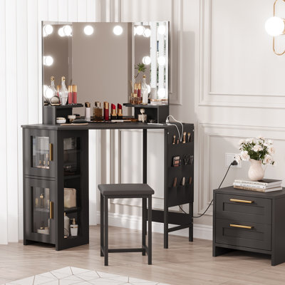 Ensemble de coiffeuse de coin avec tabouret et miroir, grande coiffeuse avec rangement, ensemble de coiffeuse de maquillage pour petit espace de chambre