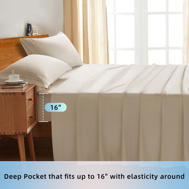 Microfiber Sheet Sets 4 Pieces, King SheetSet 1FittedSheet & 2 King Pillowcase, Beige