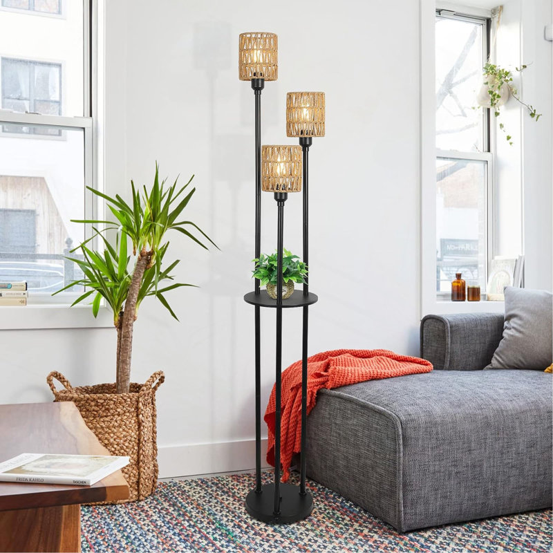Lampe sur pied rustique avec étagères, lampadaire haut de style ferme à 3 lumières avec interrupteur au pied, lampe sur pied rustique avec abat-jour en rotin pour salon, chambre ou bureau