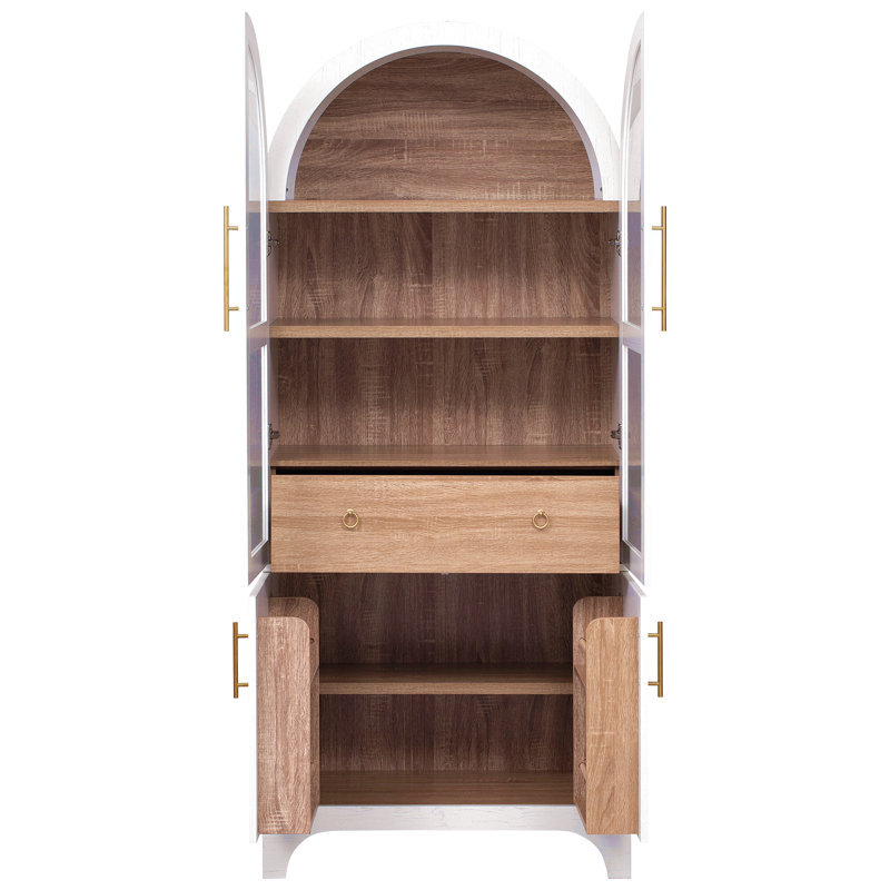 71" Tall Arched Kitchen Pantry Cabinet With Door Shelves, Farmhouse Kitchen Storage Cabinet With Open & Adjustable Shelves, Hidden Drawer & Glass Door, Cupboard