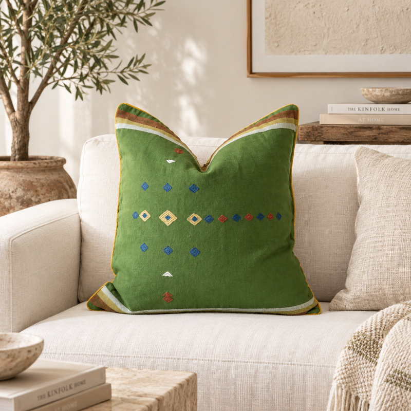 Hand-Embroidered Handwoven Cotton Decorative Pillow Cover with Button Closure
