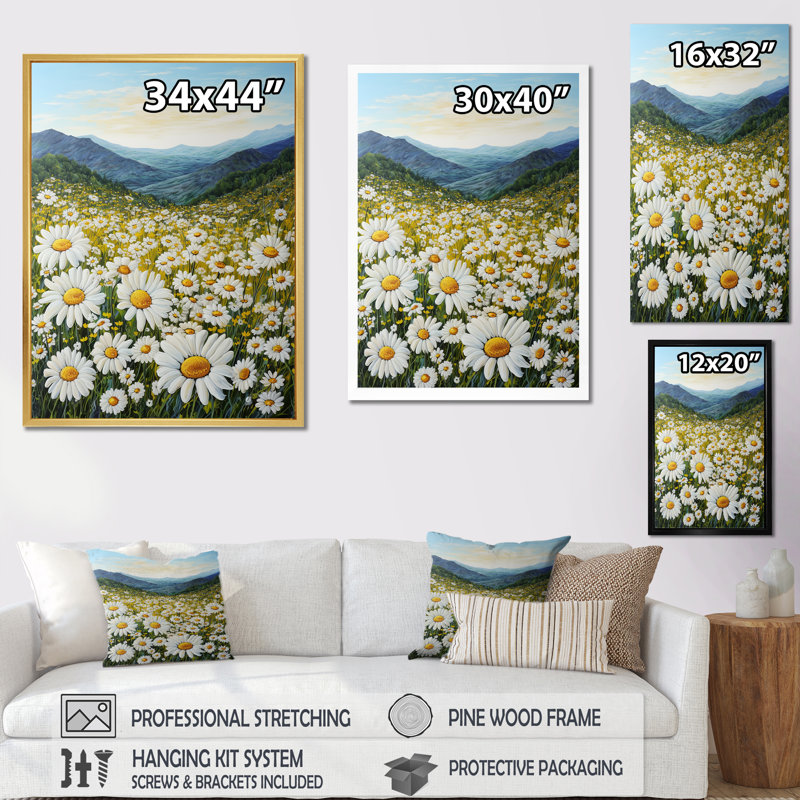 Mountain Daisies On Hill II, reproduction d'art sur toile, Cadre naturel flottant, H 44 po x l 34 po x P 1,5 po