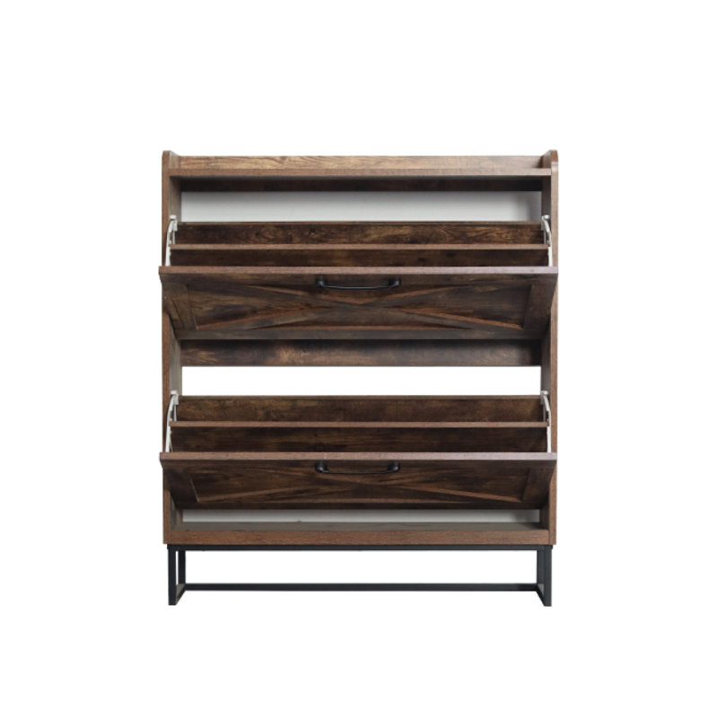Armoire de rangement pour chaussures avec 2 tiroirs rabattables, organisateur autoportant avec pieds en métal pour le vestibule, étagère à chaussures étroite, rustique