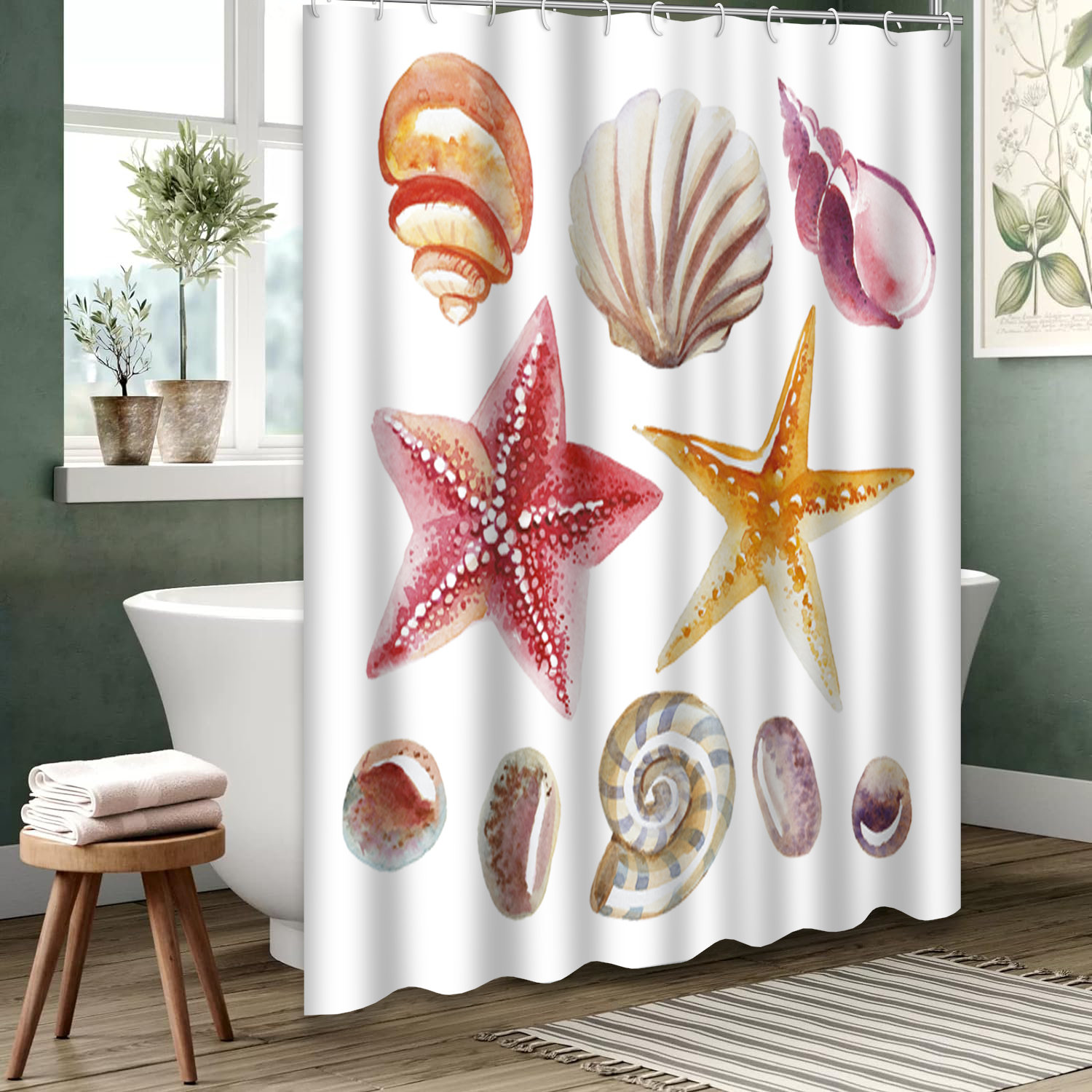 Highland Dunes Shell White Sea Waterproof Shower Curtain,Watercolor ...