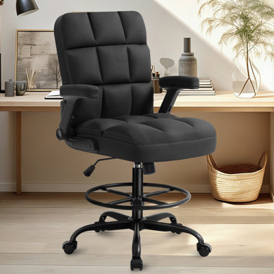 Chaise de dessinateur, chaise de bureau haute pour bureau debout avec accoudoir rabattable et repose-pieds. Fauteuil ergonomique ergonomique en fausse fourrure avec support lombaire