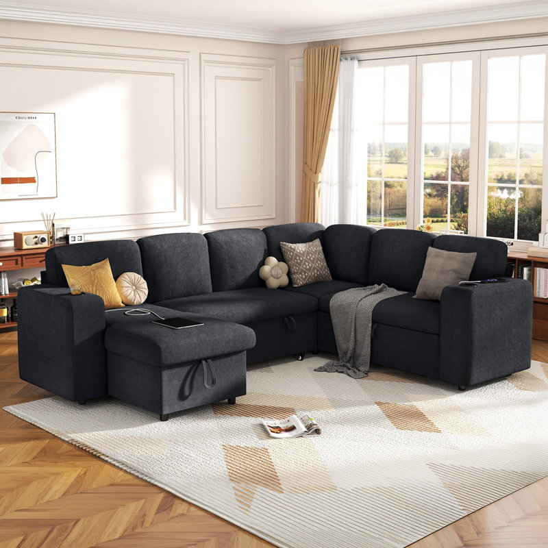 Derius U-Shaped Modular Convertible Sleeper Sofa, Pull Out Couch Sofa Bed With Storage Chaise and USB Charging Station, Black