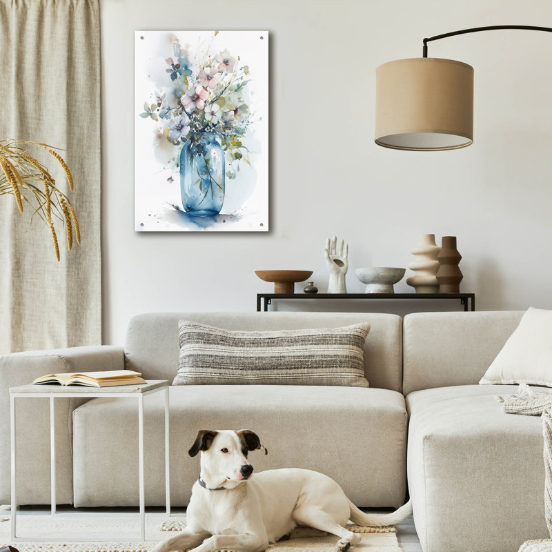 Art mural en verre Winston Porter «Pale Blue Bouquet» par Design Fabrikken, H 36 po x l 24 po x P 0,2 po