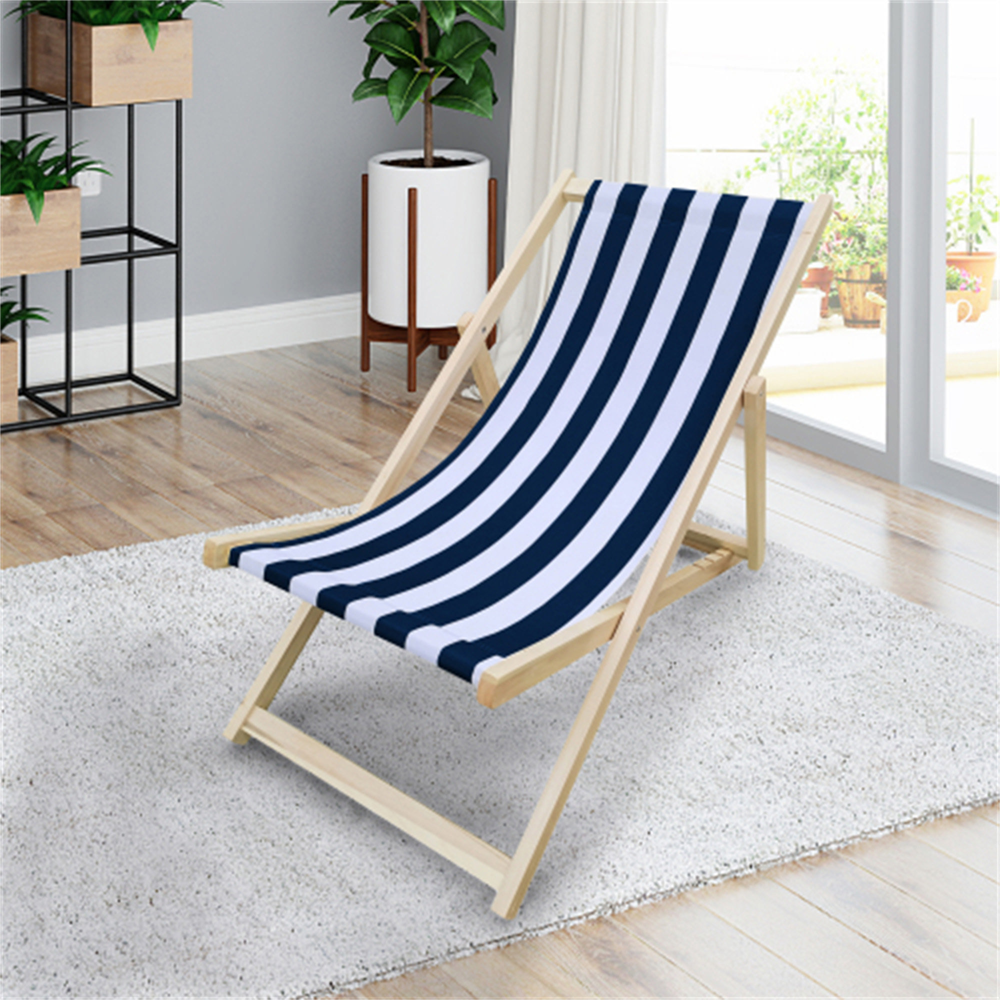 Breakwater Bay Populus Wood Sling Chair Blue Stripe Broad Blue - Main Image