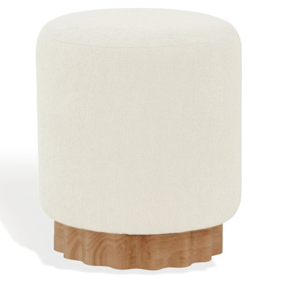 Willner Round Boucle Polyester Ottoman with Solid and Manufactured Wood Frame 
