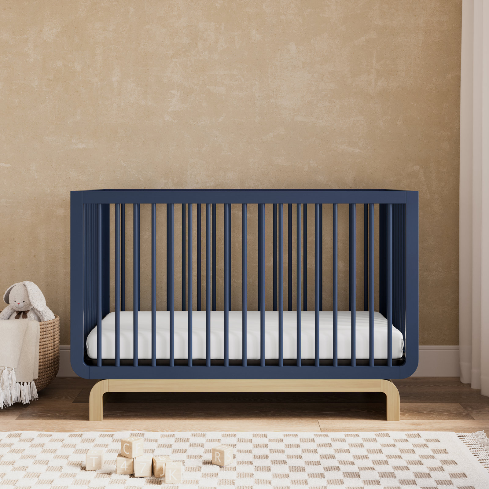 Santorini Pine 5-in-1 Convertible Crib, Midnight Blue/Driftwood, Crib + Mattress