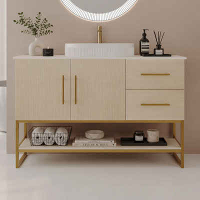 Meuble-lavabo moderne avec lavabo vasque en céramique, armoire autoportante dorée