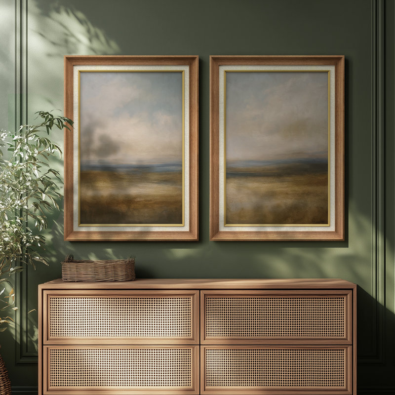 «Warm Golden Field Open Sky Serene Landscape», ensemble de 2 reproductions d'art encadrées de qualité supérieure sur papier 26 po x 36 po