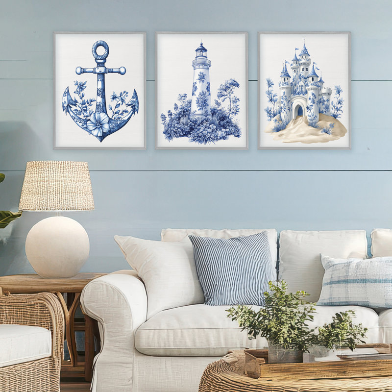 Ensemble de 3 giclées encadrées ornées de motifs nautiques, H 20 po x l 16 po, Estampe numérique Farmhouse