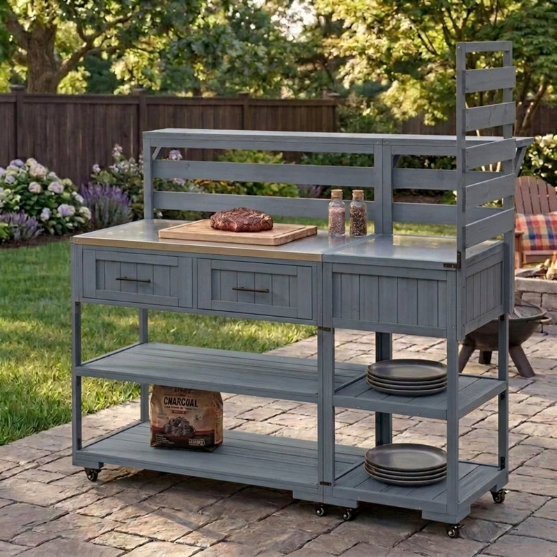 Îlot de cuisine à roulettes 62 po avec plateau en acier inoxydable, table de préparation pour barbecue modulaire et banc de rempotage avec 2 tiroirs 62 po