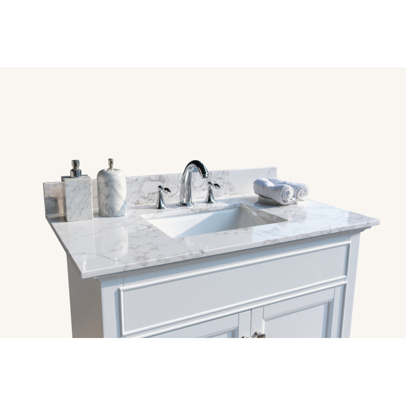 Dessus de meuble-lavabo en pierre Montary blanc de 37 po Montary avec comptoir rectangulaire en céramique encastré et dosseret avec 3 trous de robinet pour cabinet de toilette Montary