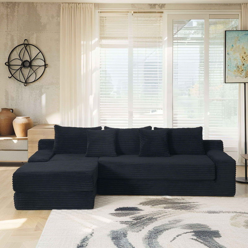 Albert Compression L-Shaped Corduroy Sectional Sofa with Steel Frame, Black Fabric