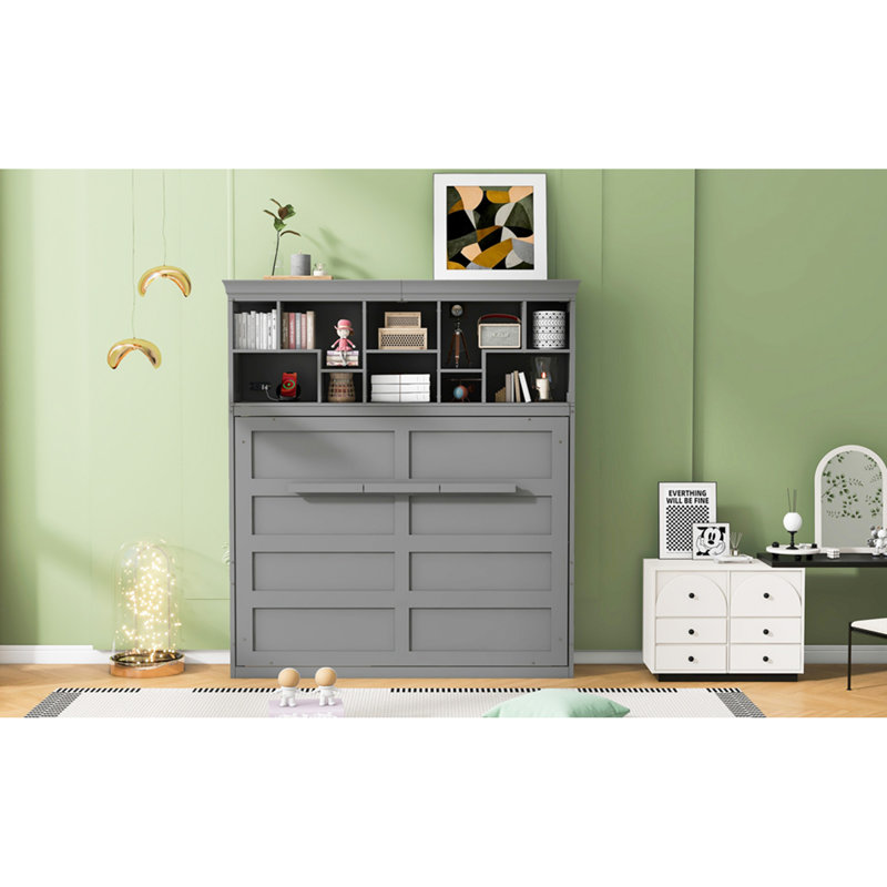 Grand lit escamotable mural avec tablettes supérieures et USB, Gris