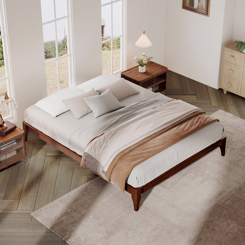 Base de lit plateforme en bois de bambou sec massif de 12 po avec lattes de bois et support en métal, Grand lit, Chocolat