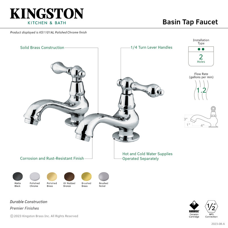Kingston Brass Heritage Two-Handle Deck Mount Basin Tap Faucet, Matte Black