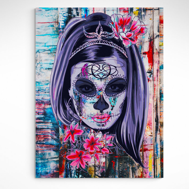 Slemp Candy Skull - Day Of The Dead Female Graffiti - Print on Canvas, 117cm H x 81cm W x 4cm D