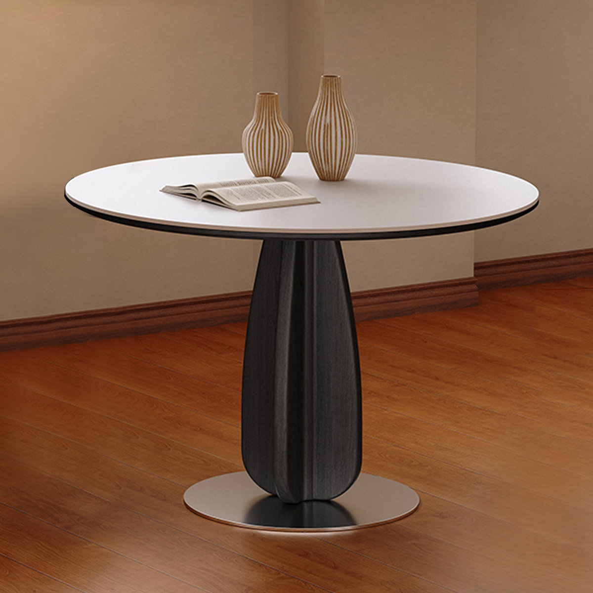 Orren Ellis White Black Round Sintered Stone Solid Wood Dining table ...