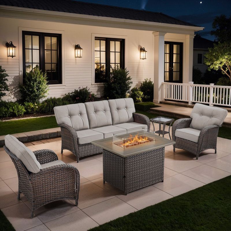 Harbor 5-Piece Outdoor Wicker Patio Furniture Sofa Set With 55,000 BTU Fire Pit Table, Thick Cushions, Beige