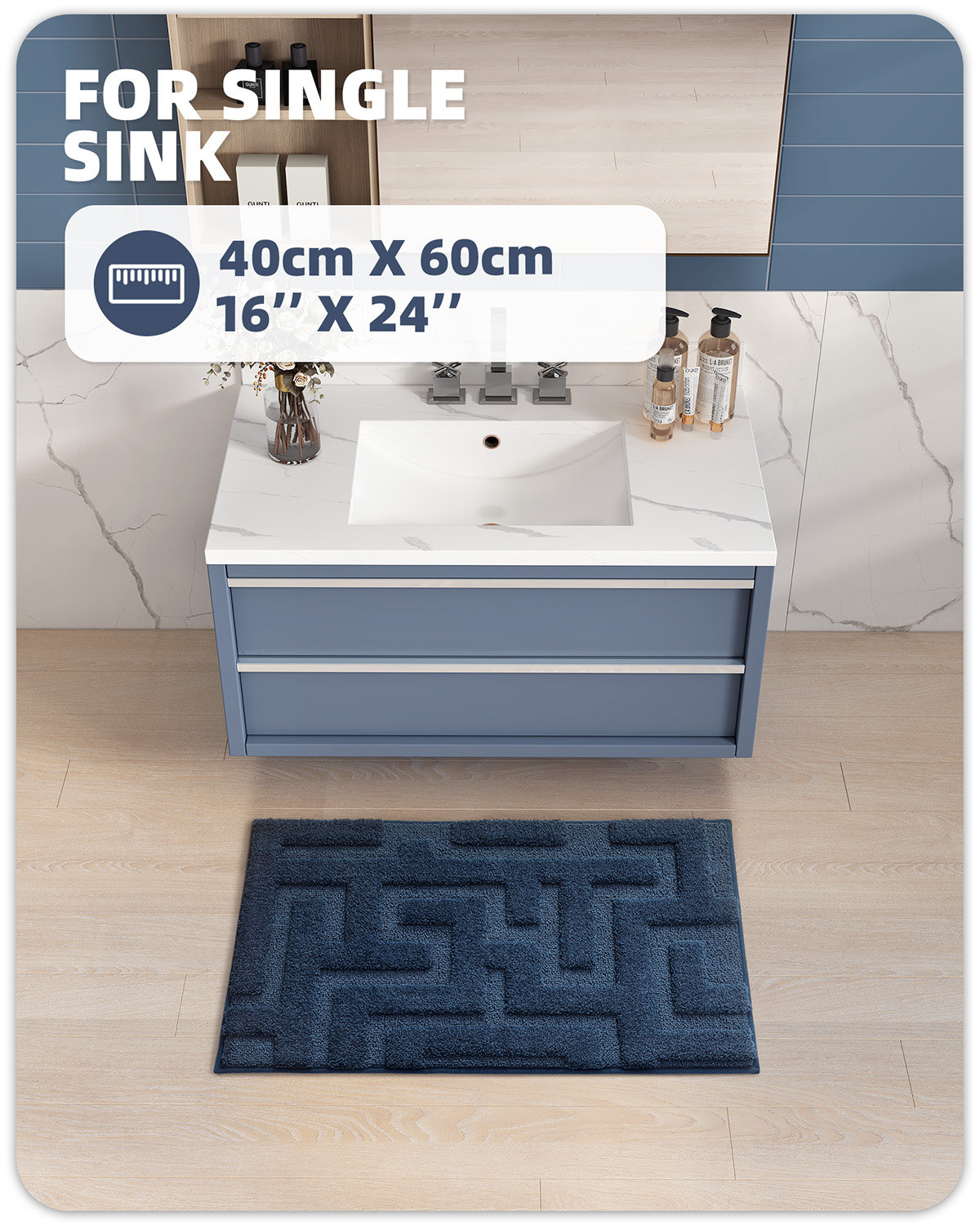 Non-Slip Bath Rug, 16" L x 24" W, Blue