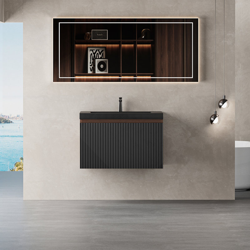 Ensemble de meuble-lavabo flottant avec lavabo, meuble de rangement mural moderne à rayures et tiroirs à fermeture en douceur, cuve à sable en quartz noir