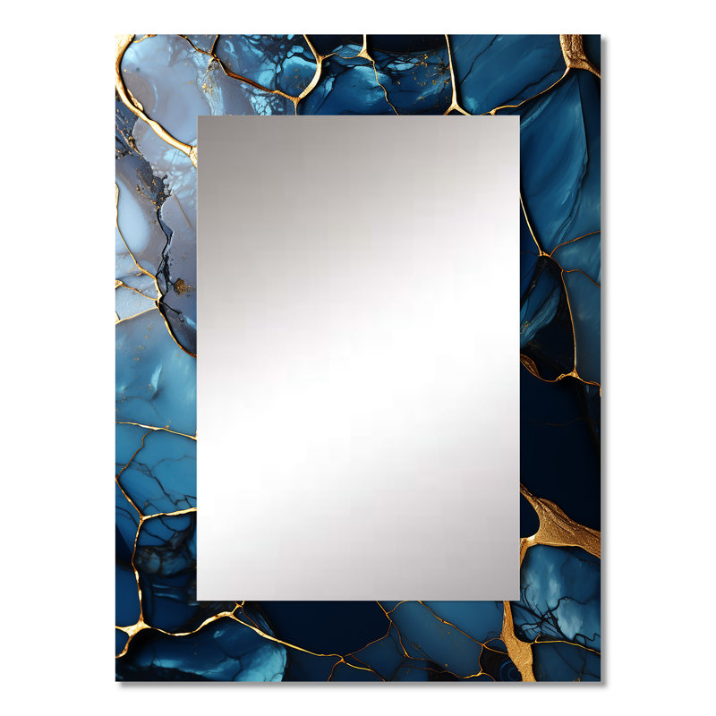 Or et saphir bleu marbre mosaïque V - miroir mural décoratif abstrait, miroir moderne, art imprimé en métal, 32 po x 24 po