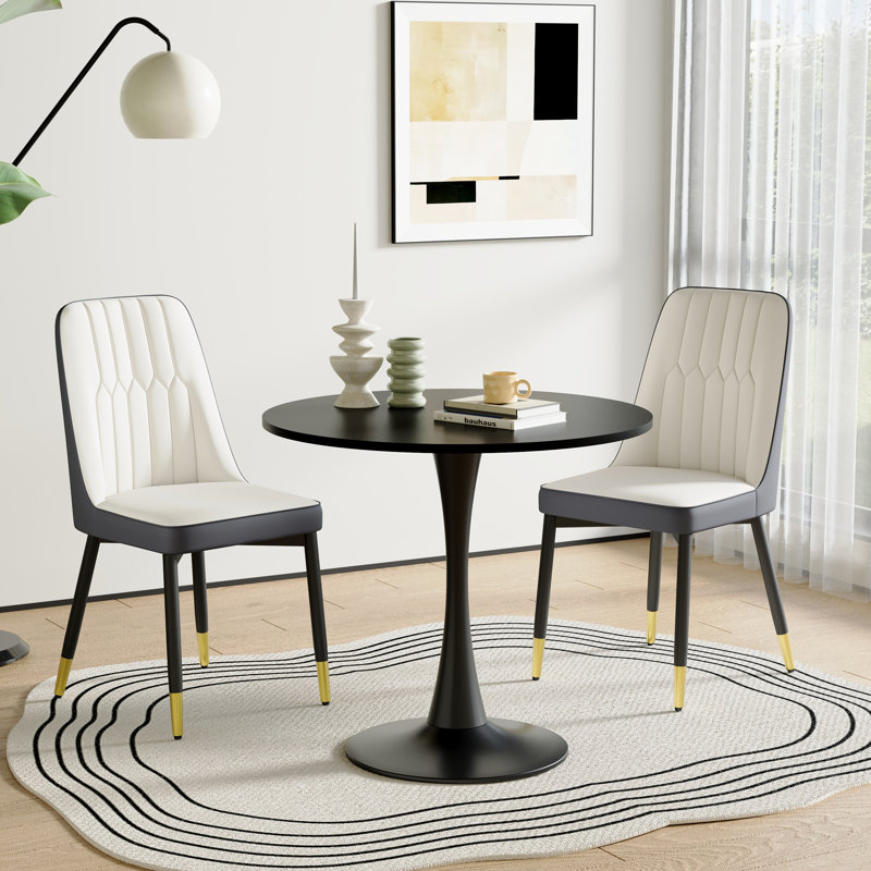 Modern 3-Piece Round Dining Set, Black Pedestal Table & Tufted Chairs, Brown/Gray