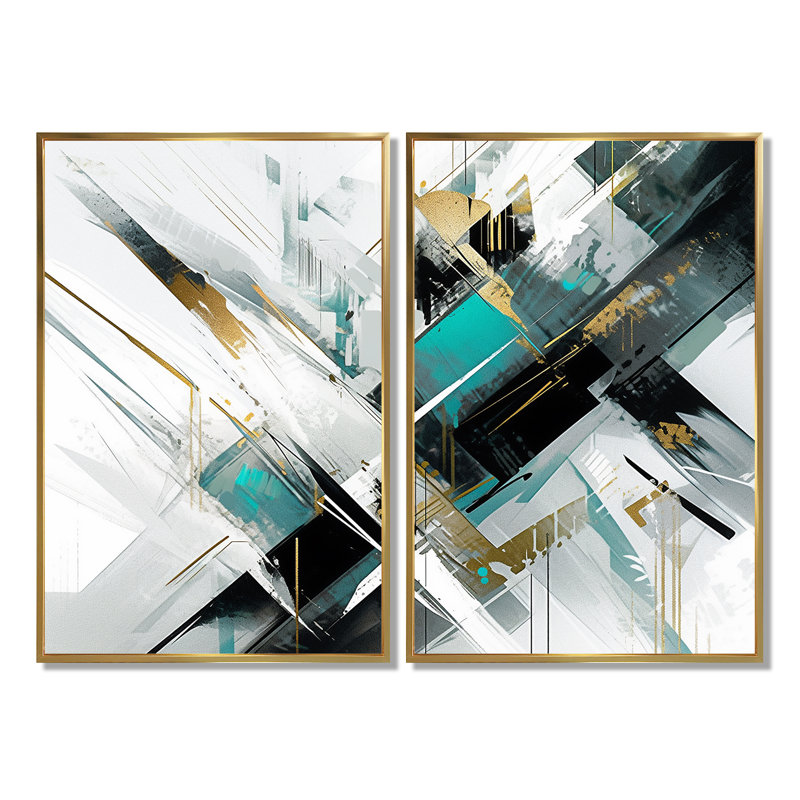 Art mural grand bleu sarcelle cubiste kaléidoscope, 36" H x 48" W, Impression encadrée flottante, Gold