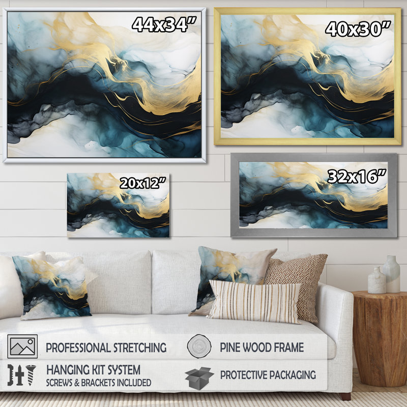 «Subtle Sensations Nova Blue and Gold Watercolor I», reproduction d'art sur toile, Cadre flottant blanc