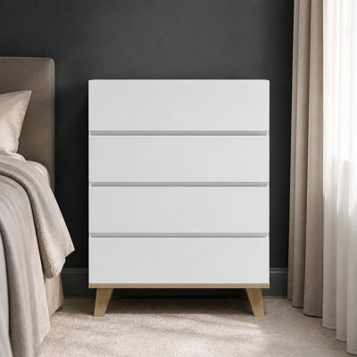 4 Drawer Handle-Free Storage Chest with Solid Natural Wood Legs, Minimalist Drawer Cabinet for Bedroom Living Room Entryway, Easy to Assemble Organize
