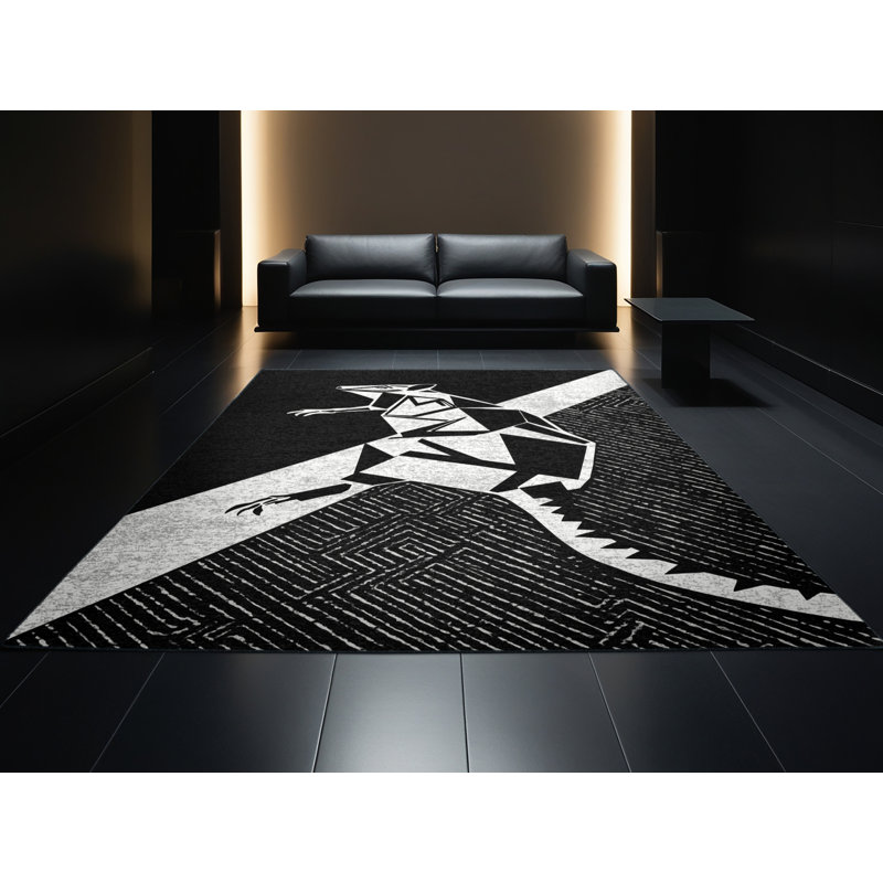 Machine Washable Pavanvir Bandicoot Modern Geometric Rug in Black – Black Binding, 5x8