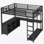 Lit mezzanine en métal avec garde-robe, bureau en L et rangement en métal, parfait pour une utilisation compacte et multifonctionnelle