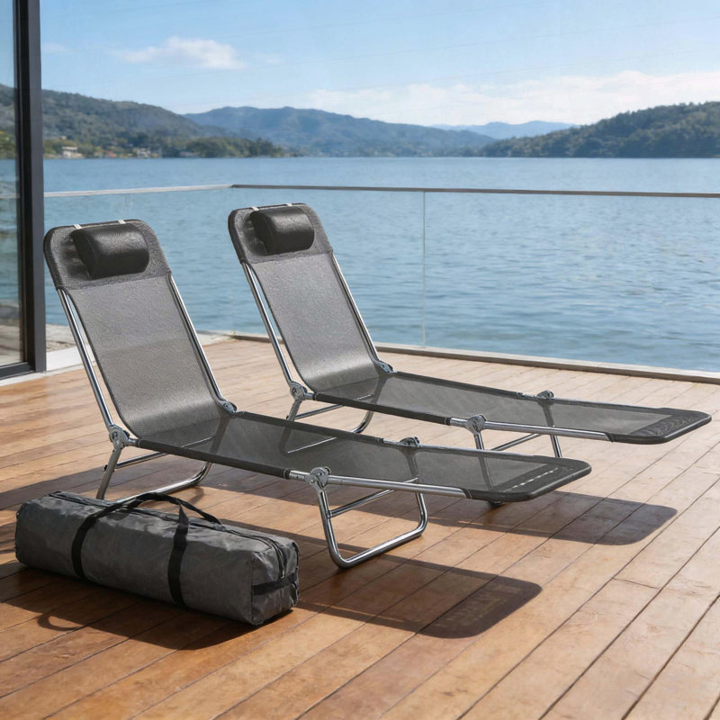 Ensemble de 2 chaises longues pliantes avec inclinaison à 5 positions, filet respirant et coussins de tête