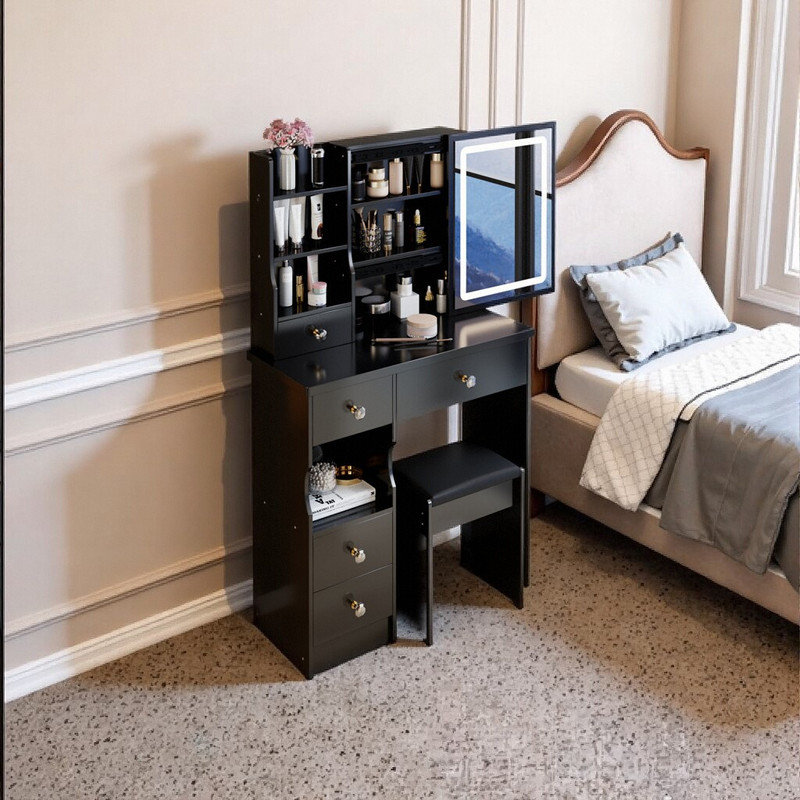 Ensemble coiffeuse 29 po avec miroir à DEL, coiffeuse compacte et tabouret, Noir