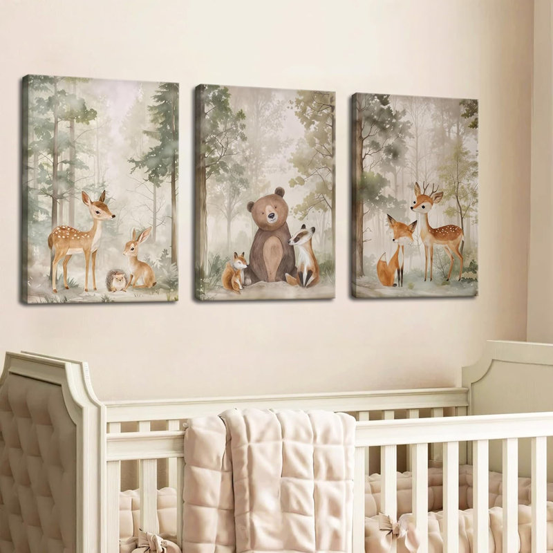 Pépinière, art mural sur toile, ensemble de 3 animaux sauvages de la forêt, ours, renard, aquarelle, peinture, décoration murale