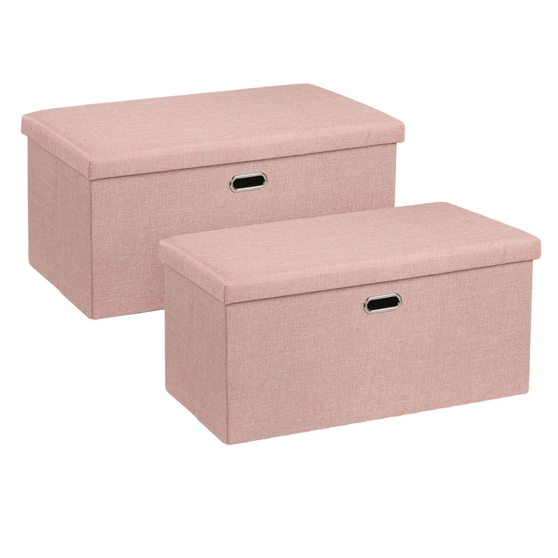 Set Of 2 Narrow Foldable Storage Ottomans, Linen Upholstered Storage Bench Footrest Stool, Collapsible Ottoman Box For Small Spaces, Bedroom, Living Room, Entryway