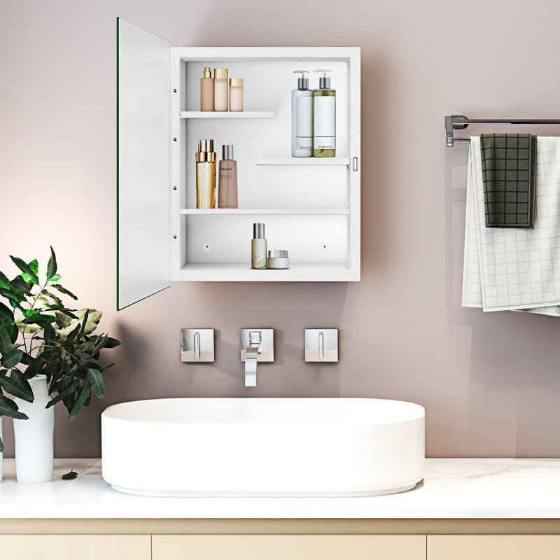 Ebou Designs Chouhan blanc, miroir biseauté et tablettes réglables pour la salle de bain, encastré ou en surface.