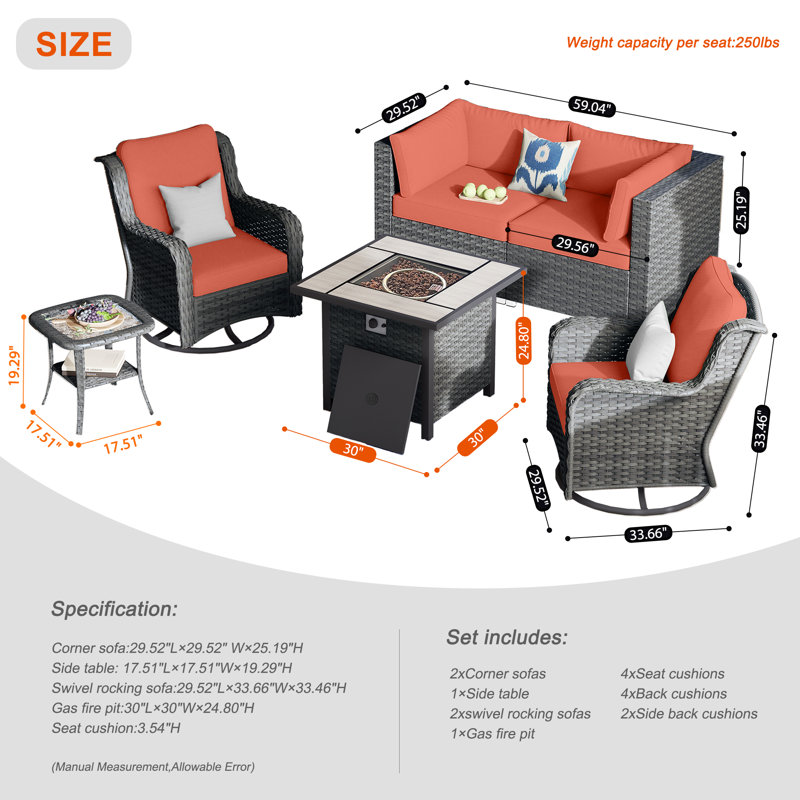 4 - Person Patio Conversation Set with Cushions, Orange Red