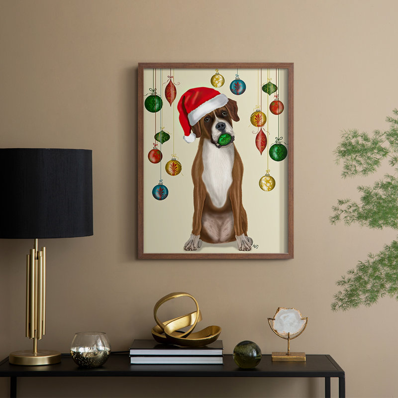 «Christmas Boxer and Bauble Ball», reproduction encadrée - bois massif, H 15 po x l 12 po, Noyer