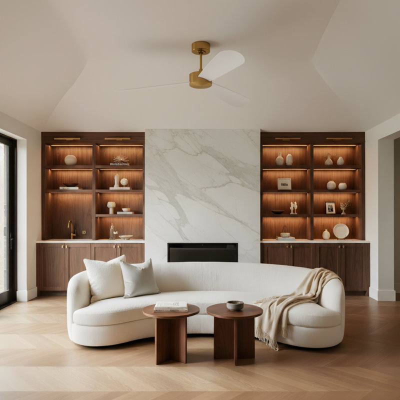  Paddle Smart 60 Indoor Ceiling Fan with Threaded Downrod, Matte White ABS blades and Handheld Remote, Burnished Brass