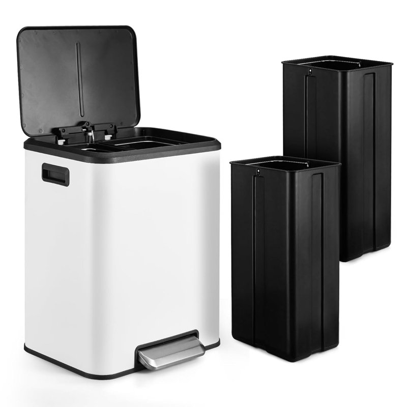White Stainless Steel Rectangular Kitchen Step Trash Can with Dual Compartments